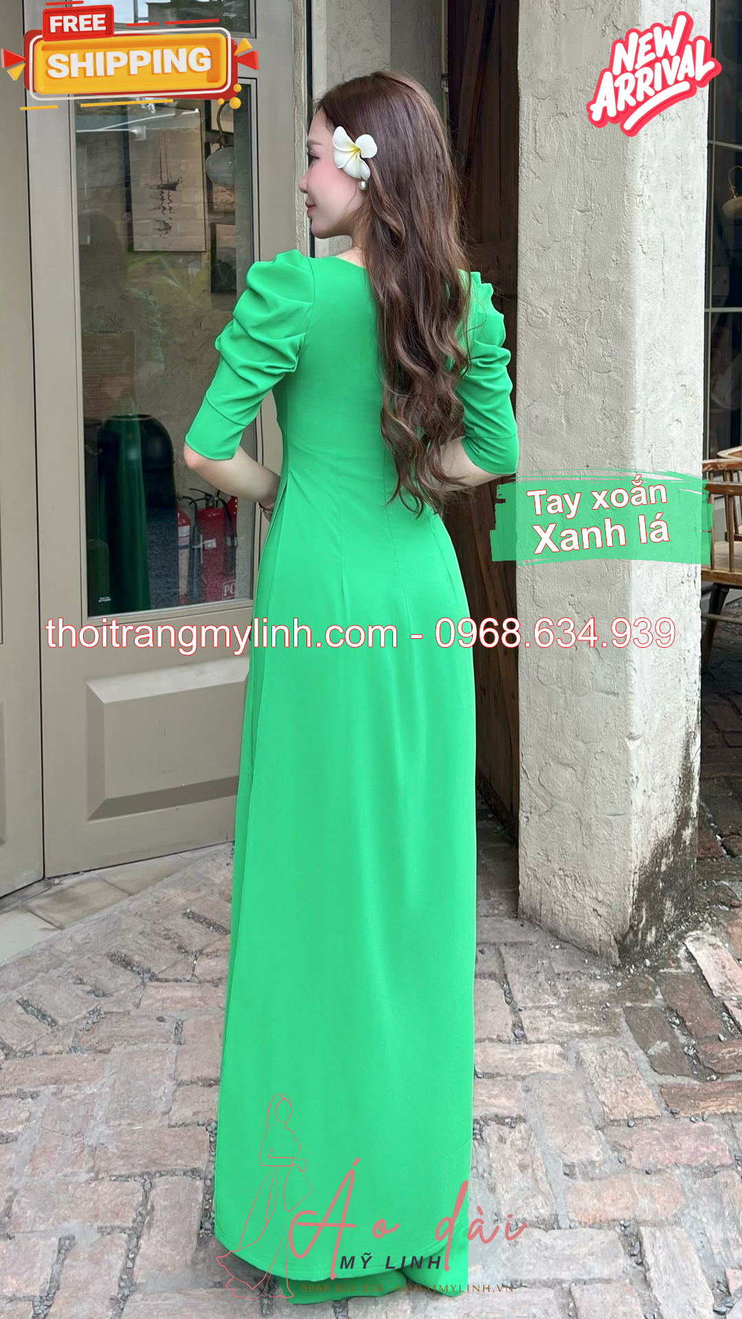 Bộ áo dài cổ tròn đính đã tay xoắn xanh lá